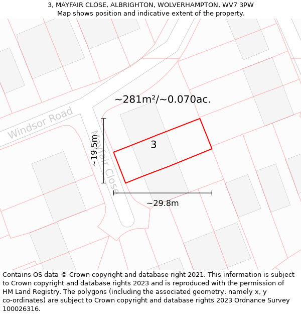 3, MAYFAIR CLOSE, ALBRIGHTON, WOLVERHAMPTON, WV7 3PW: Plot and title map