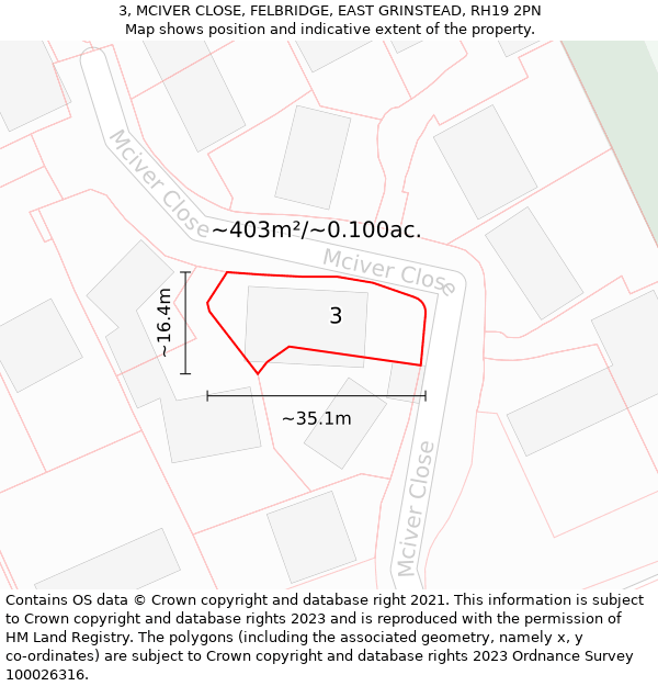 3, MCIVER CLOSE, FELBRIDGE, EAST GRINSTEAD, RH19 2PN: Plot and title map