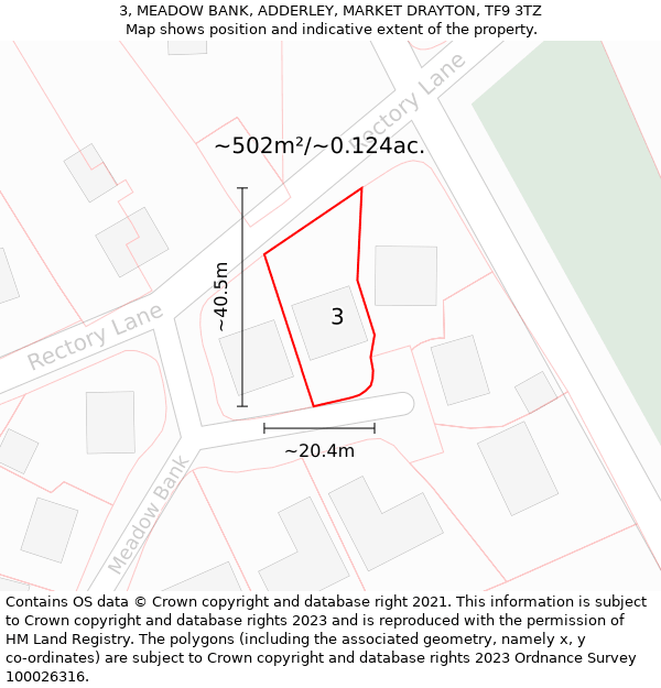 3, MEADOW BANK, ADDERLEY, MARKET DRAYTON, TF9 3TZ: Plot and title map