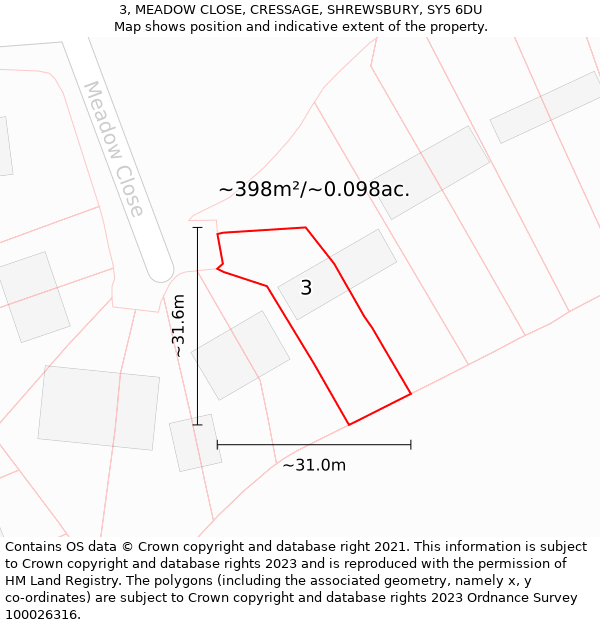 3, MEADOW CLOSE, CRESSAGE, SHREWSBURY, SY5 6DU: Plot and title map