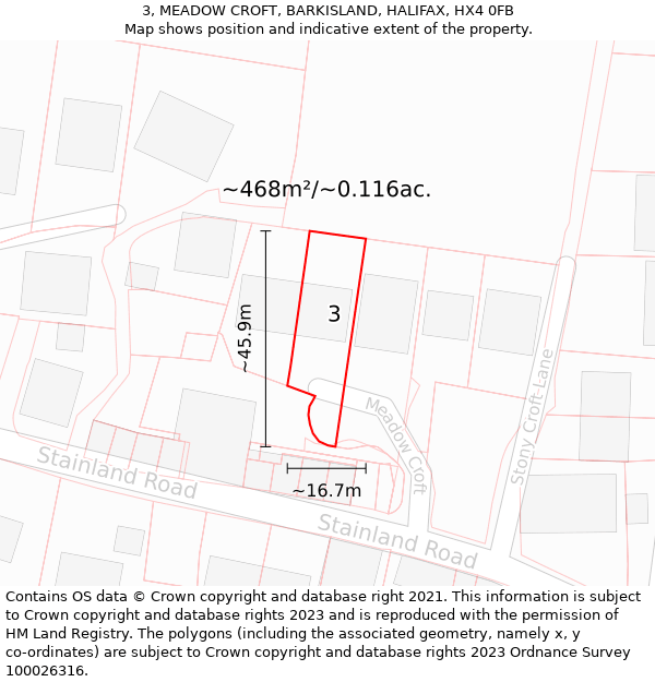 3, MEADOW CROFT, BARKISLAND, HALIFAX, HX4 0FB: Plot and title map