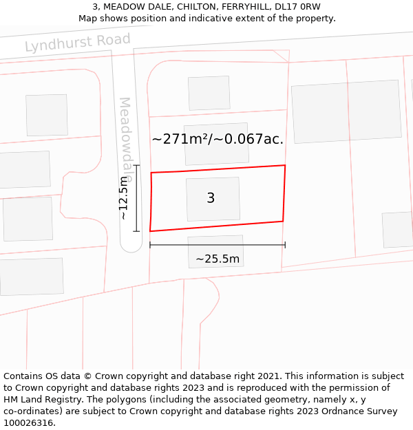 3, MEADOW DALE, CHILTON, FERRYHILL, DL17 0RW: Plot and title map