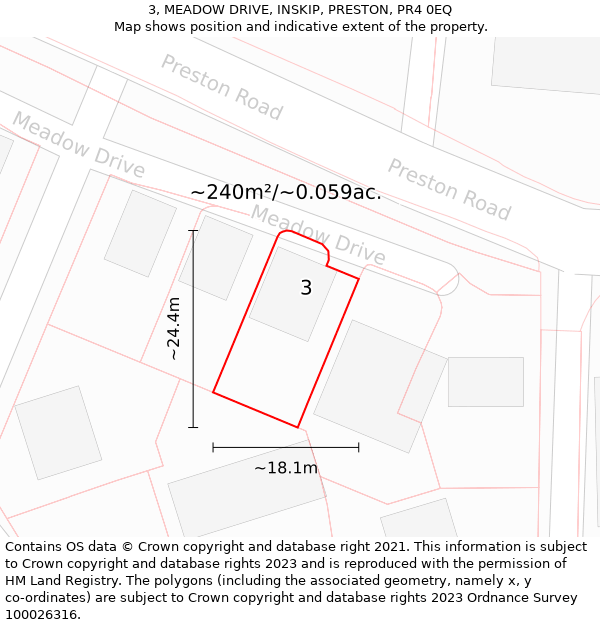 3, MEADOW DRIVE, INSKIP, PRESTON, PR4 0EQ: Plot and title map