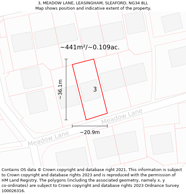 3, MEADOW LANE, LEASINGHAM, SLEAFORD, NG34 8LL: Plot and title map