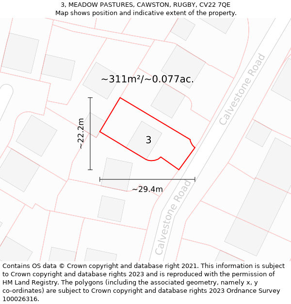 3, MEADOW PASTURES, CAWSTON, RUGBY, CV22 7QE: Plot and title map