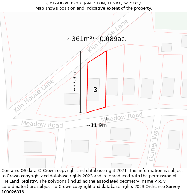 3, MEADOW ROAD, JAMESTON, TENBY, SA70 8QF: Plot and title map