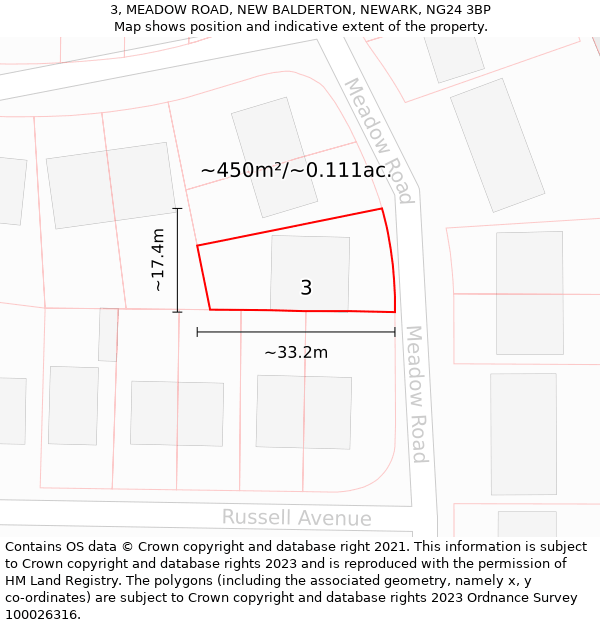 3, MEADOW ROAD, NEW BALDERTON, NEWARK, NG24 3BP: Plot and title map