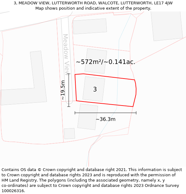 3, MEADOW VIEW, LUTTERWORTH ROAD, WALCOTE, LUTTERWORTH, LE17 4JW: Plot and title map