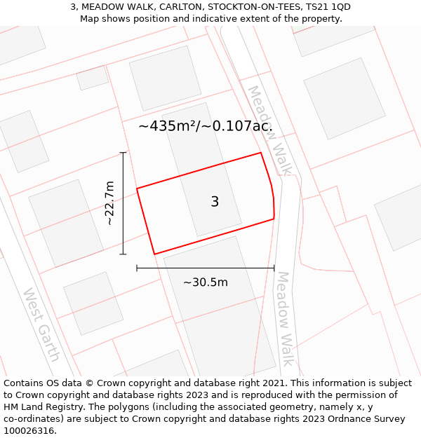 3, MEADOW WALK, CARLTON, STOCKTON-ON-TEES, TS21 1QD: Plot and title map