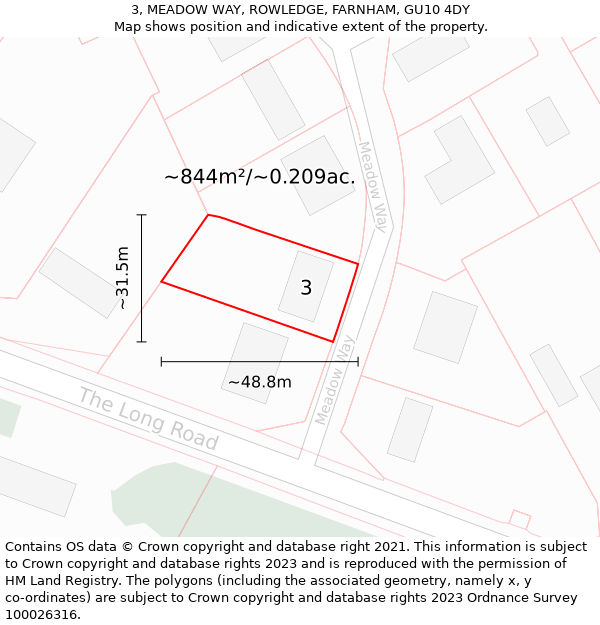 3, MEADOW WAY, ROWLEDGE, FARNHAM, GU10 4DY: Plot and title map