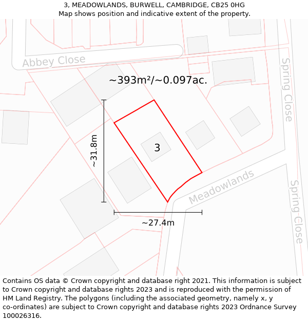 3, MEADOWLANDS, BURWELL, CAMBRIDGE, CB25 0HG: Plot and title map