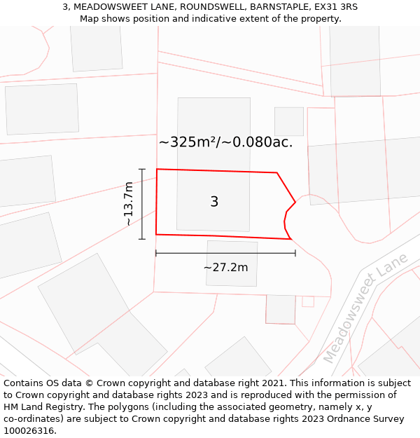 3, MEADOWSWEET LANE, ROUNDSWELL, BARNSTAPLE, EX31 3RS: Plot and title map