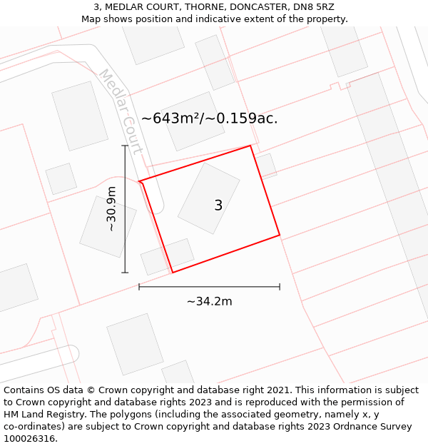 3, MEDLAR COURT, THORNE, DONCASTER, DN8 5RZ: Plot and title map