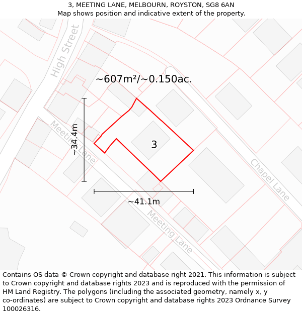 3, MEETING LANE, MELBOURN, ROYSTON, SG8 6AN: Plot and title map