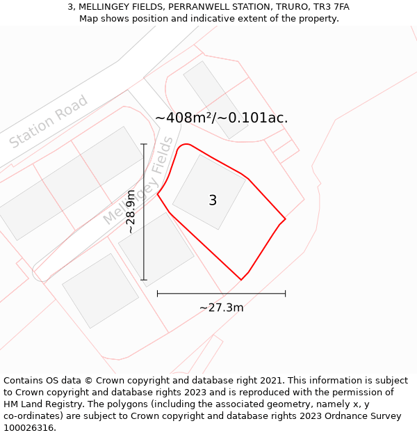 3, MELLINGEY FIELDS, PERRANWELL STATION, TRURO, TR3 7FA: Plot and title map