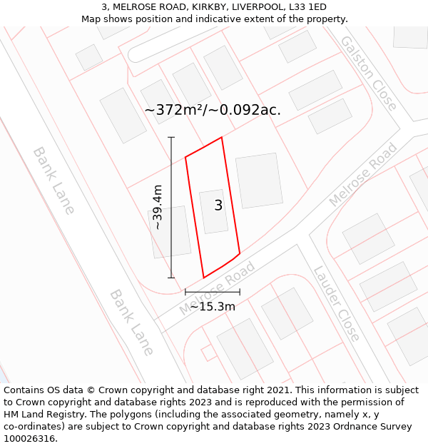3, MELROSE ROAD, KIRKBY, LIVERPOOL, L33 1ED: Plot and title map