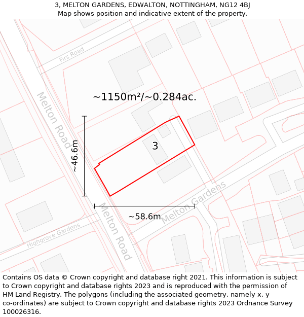 3, MELTON GARDENS, EDWALTON, NOTTINGHAM, NG12 4BJ: Plot and title map