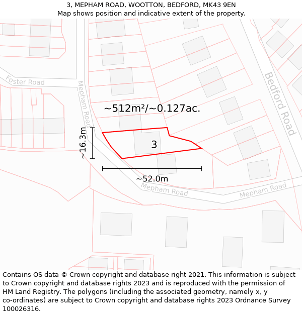 3, MEPHAM ROAD, WOOTTON, BEDFORD, MK43 9EN: Plot and title map