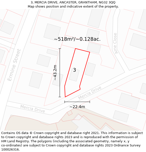 3, MERCIA DRIVE, ANCASTER, GRANTHAM, NG32 3QQ: Plot and title map