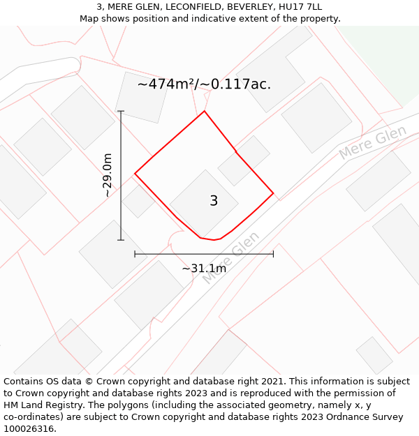 3, MERE GLEN, LECONFIELD, BEVERLEY, HU17 7LL: Plot and title map