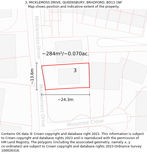 3, MICKLEMOSS DRIVE, QUEENSBURY, BRADFORD, BD13 1NF: Plot and title map