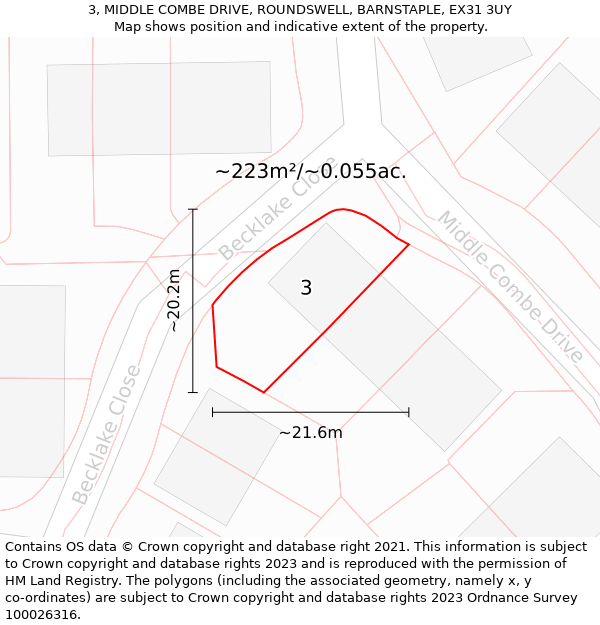 3, MIDDLE COMBE DRIVE, ROUNDSWELL, BARNSTAPLE, EX31 3UY: Plot and title map