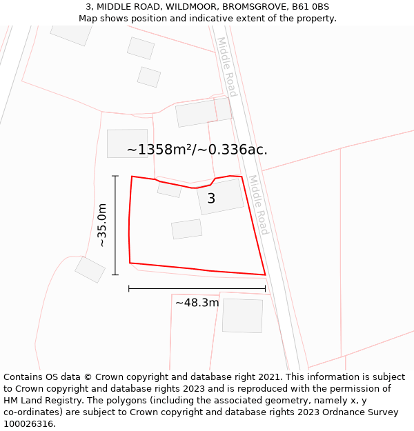 3, MIDDLE ROAD, WILDMOOR, BROMSGROVE, B61 0BS: Plot and title map