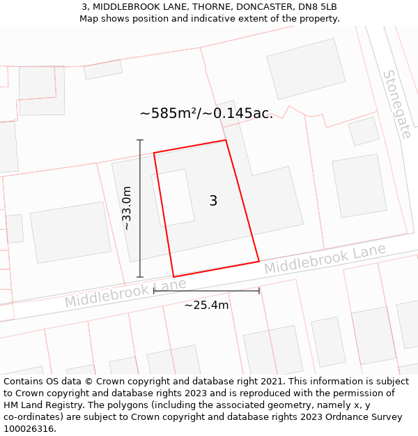 3, MIDDLEBROOK LANE, THORNE, DONCASTER, DN8 5LB: Plot and title map