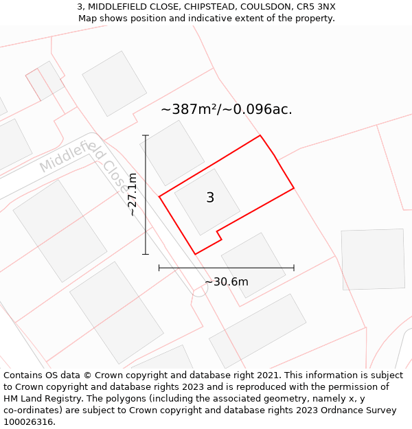 3, MIDDLEFIELD CLOSE, CHIPSTEAD, COULSDON, CR5 3NX: Plot and title map