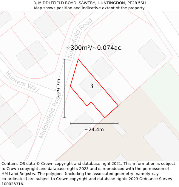 3, MIDDLEFIELD ROAD, SAWTRY, HUNTINGDON, PE28 5SH: Plot and title map