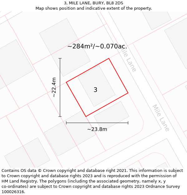 3, MILE LANE, BURY, BL8 2DS: Plot and title map
