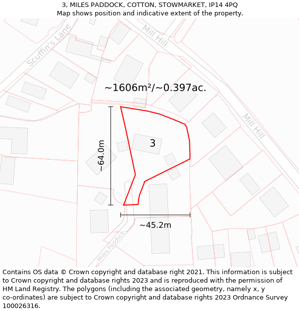 3, MILES PADDOCK, COTTON, STOWMARKET, IP14 4PQ: Plot and title map