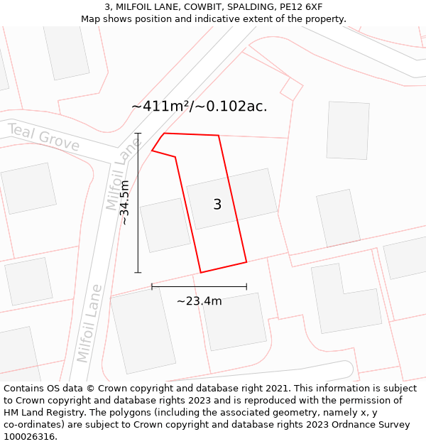 3, MILFOIL LANE, COWBIT, SPALDING, PE12 6XF: Plot and title map