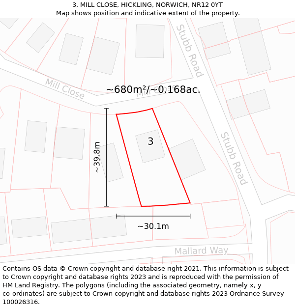 3, MILL CLOSE, HICKLING, NORWICH, NR12 0YT: Plot and title map