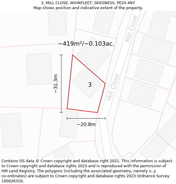 3, MILL CLOSE, WAINFLEET, SKEGNESS, PE24 4NY: Plot and title map