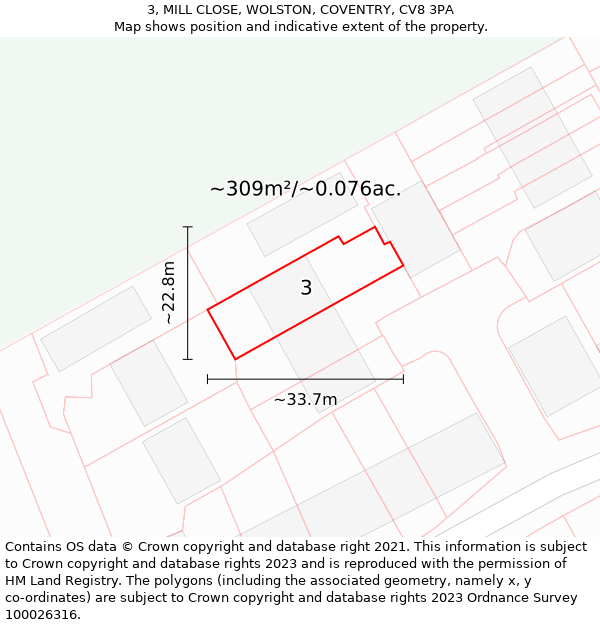 3, MILL CLOSE, WOLSTON, COVENTRY, CV8 3PA: Plot and title map