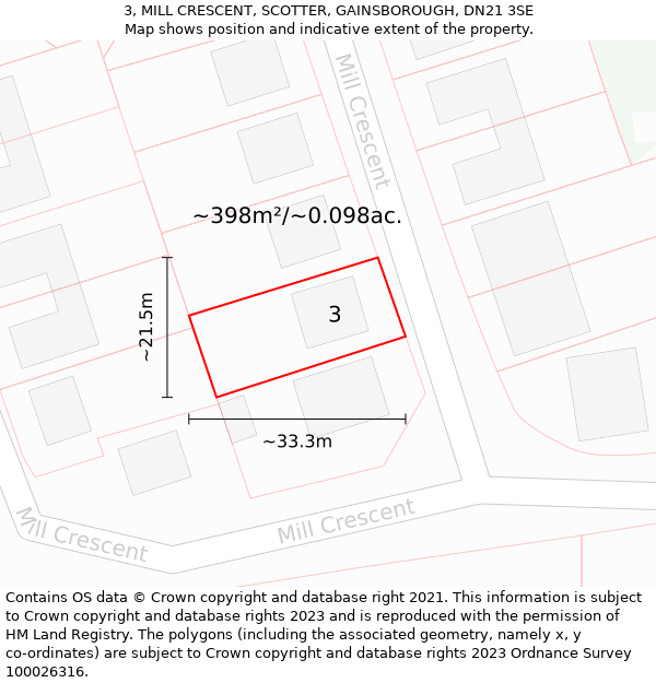 3, MILL CRESCENT, SCOTTER, GAINSBOROUGH, DN21 3SE: Plot and title map