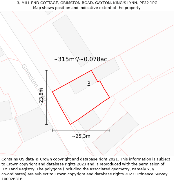 3, MILL END COTTAGE, GRIMSTON ROAD, GAYTON, KING'S LYNN, PE32 1PG: Plot and title map