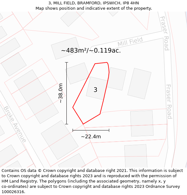 3, MILL FIELD, BRAMFORD, IPSWICH, IP8 4HN: Plot and title map