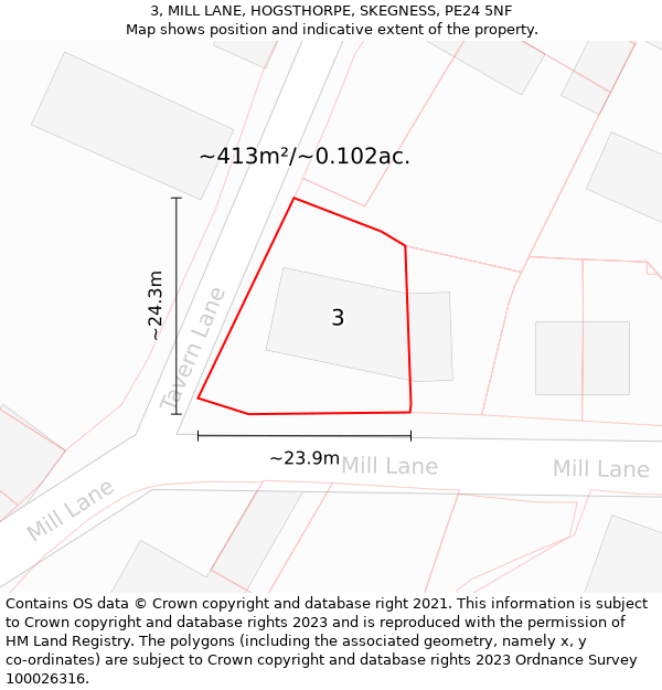 3, MILL LANE, HOGSTHORPE, SKEGNESS, PE24 5NF: Plot and title map