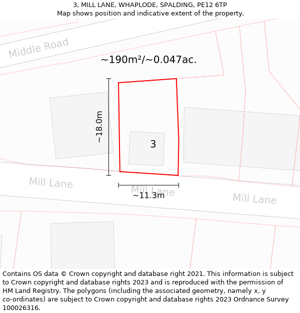 3, MILL LANE, WHAPLODE, SPALDING, PE12 6TP: Plot and title map