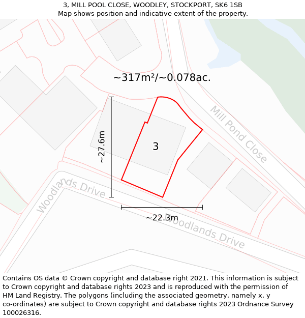 3, MILL POOL CLOSE, WOODLEY, STOCKPORT, SK6 1SB: Plot and title map