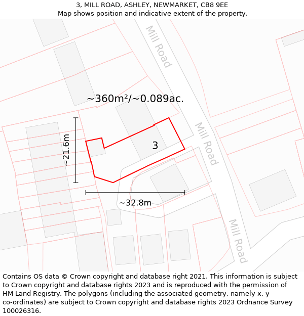 3, MILL ROAD, ASHLEY, NEWMARKET, CB8 9EE: Plot and title map