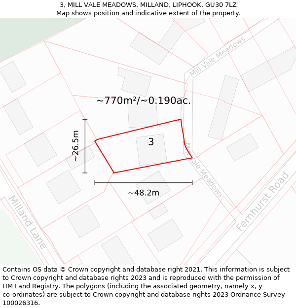 3, MILL VALE MEADOWS, MILLAND, LIPHOOK, GU30 7LZ: Plot and title map