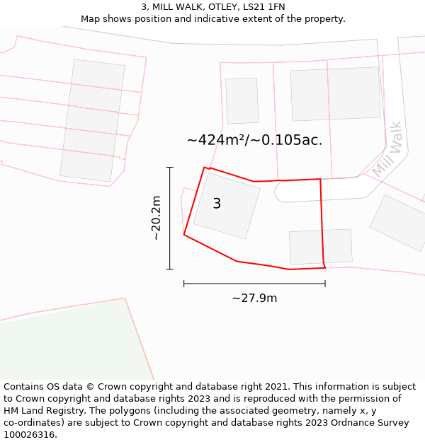 3, MILL WALK, OTLEY, LS21 1FN: Plot and title map