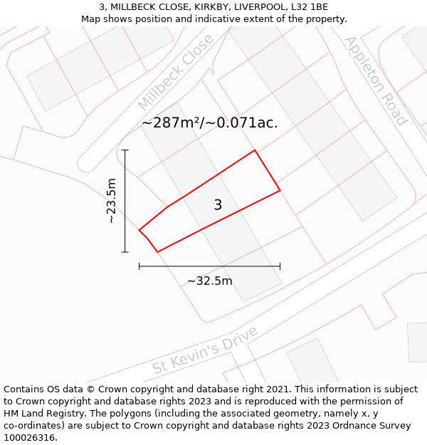 3, MILLBECK CLOSE, KIRKBY, LIVERPOOL, L32 1BE: Plot and title map