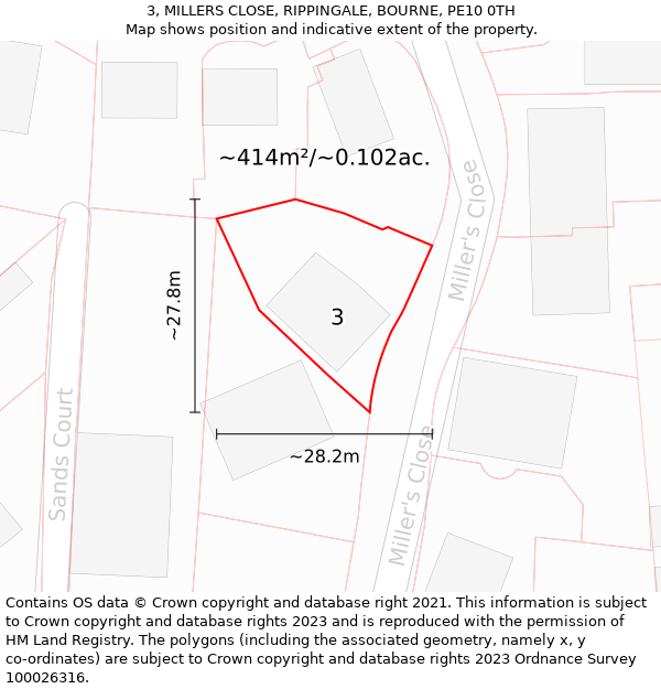 3, MILLERS CLOSE, RIPPINGALE, BOURNE, PE10 0TH: Plot and title map