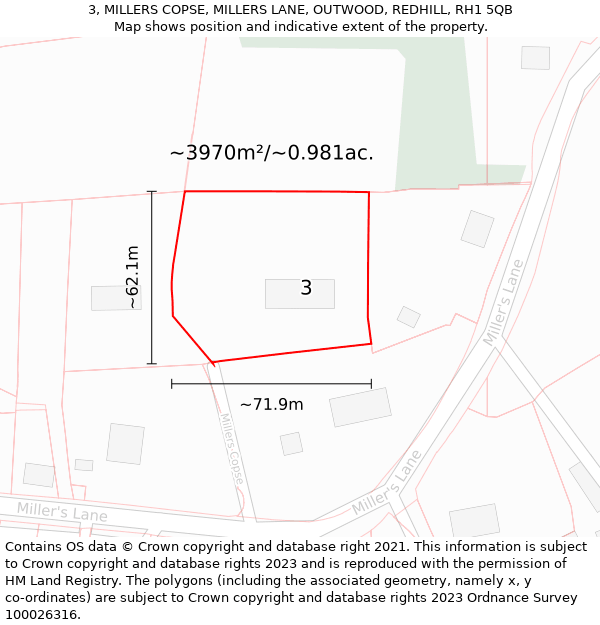3, MILLERS COPSE, MILLERS LANE, OUTWOOD, REDHILL, RH1 5QB: Plot and title map