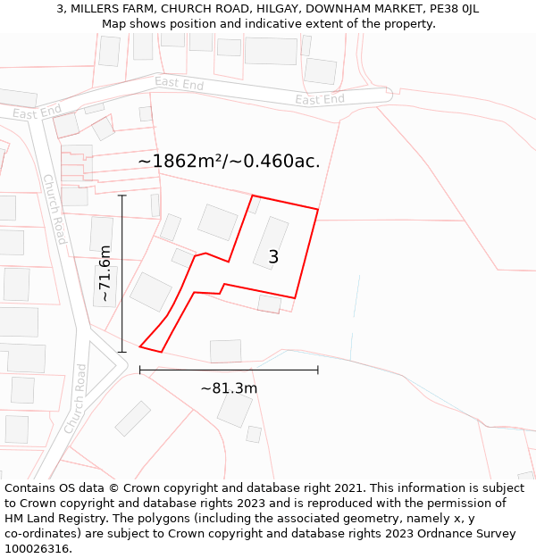 3, MILLERS FARM, CHURCH ROAD, HILGAY, DOWNHAM MARKET, PE38 0JL: Plot and title map