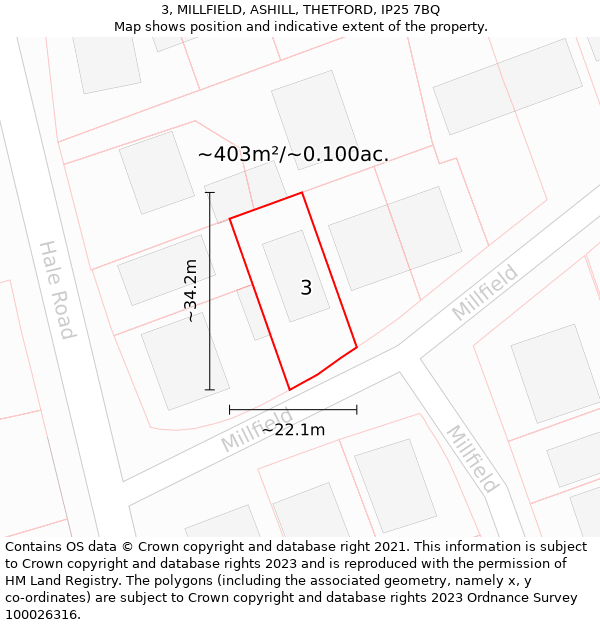 3, MILLFIELD, ASHILL, THETFORD, IP25 7BQ: Plot and title map